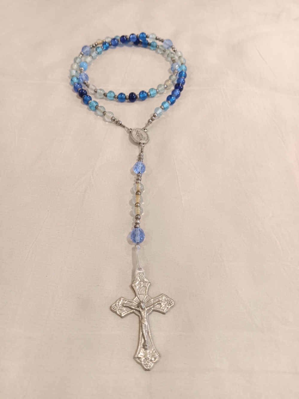 Blue Beaded Rosary Necklace 16" with Silver Cross